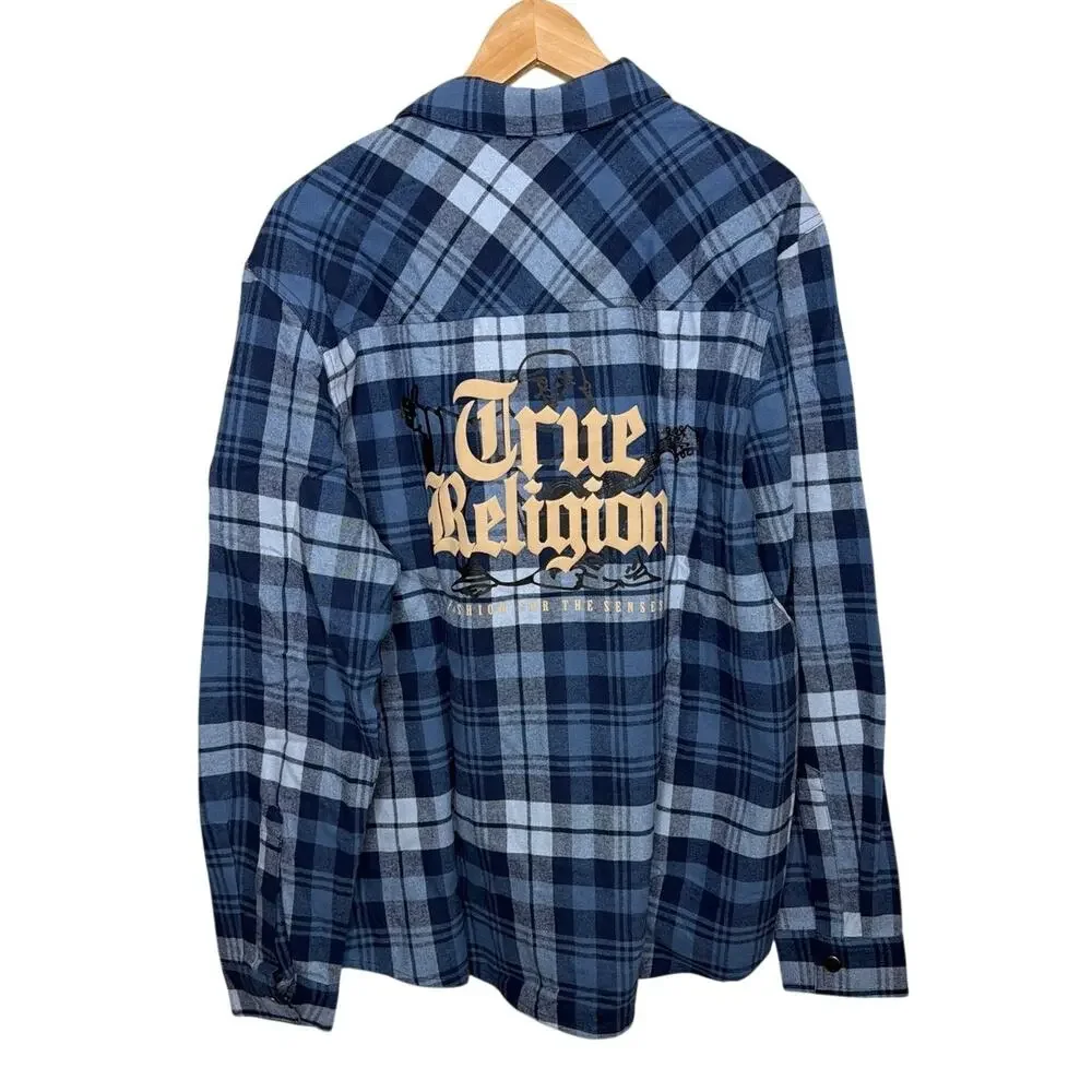 True religion 700744 logo patch brushed flannel shirt navy plaid size large